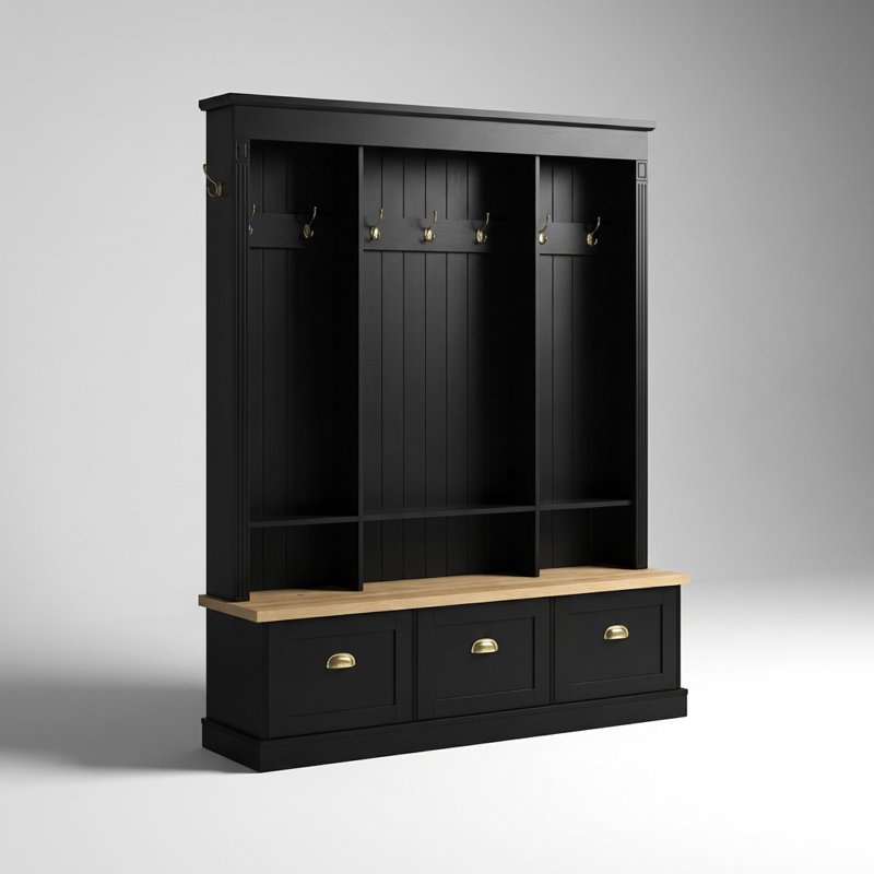 App-Controlled LED Illuminated Entryway Hall Tree with Storage Bench, Cabinets, and Shelves for Organized Home Entry, Black