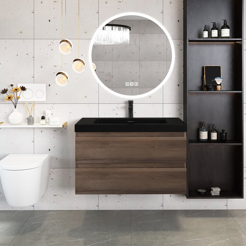Meuble-lavabo mural simple 36 po avec plateau en marbre de culture Lyazzat, Chêne gris