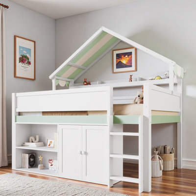 Lit mezzanine avec tablettes intégrées, armoire de rangement et toit à baldaquin