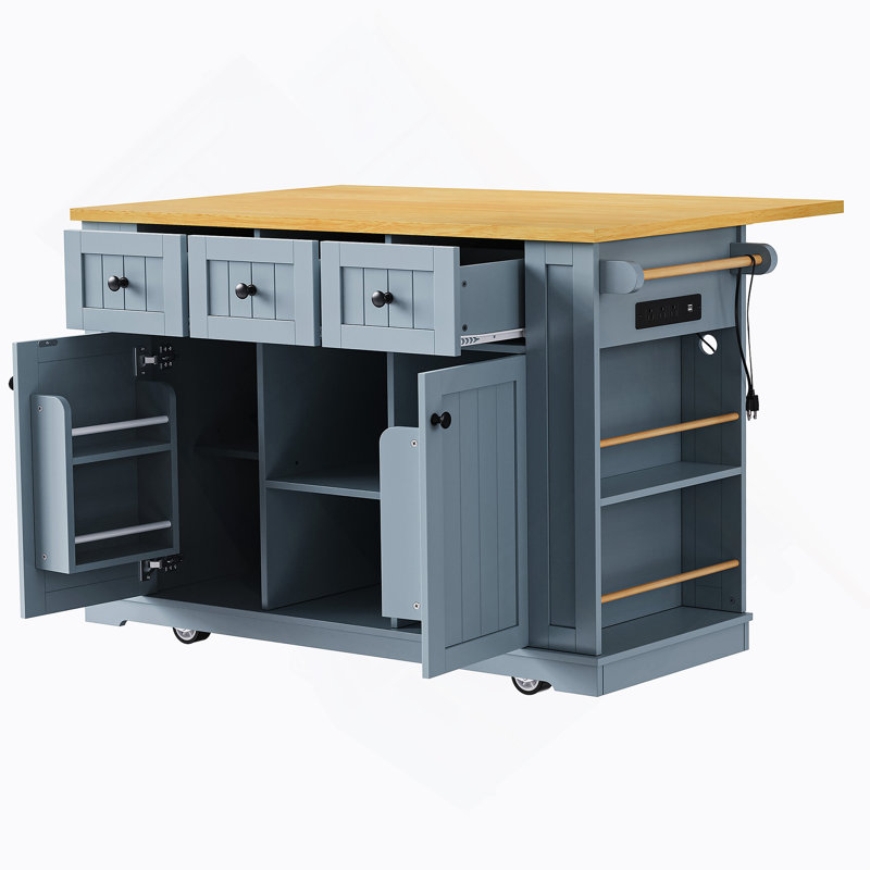53inch Large Kitchen Island with Drop Leaf, Power Outlet, Door Internal Storage Rack, Rolling Kitchen Cart on 5 Wheels with 5 Open Side Racks for Kitchen, Dining Room (Not include bar stools)