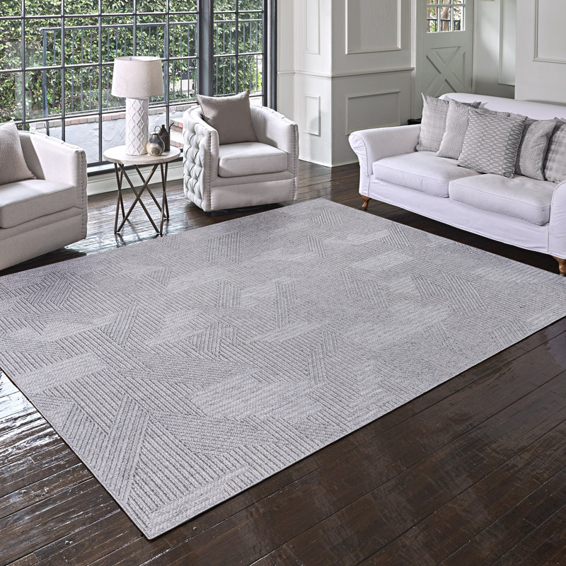 High-Low Loop Pile Indoor Area Rug, Silver Gray Modern Geometric Polyester Rug for Living Room & Bedroom – Nylah Devyn
