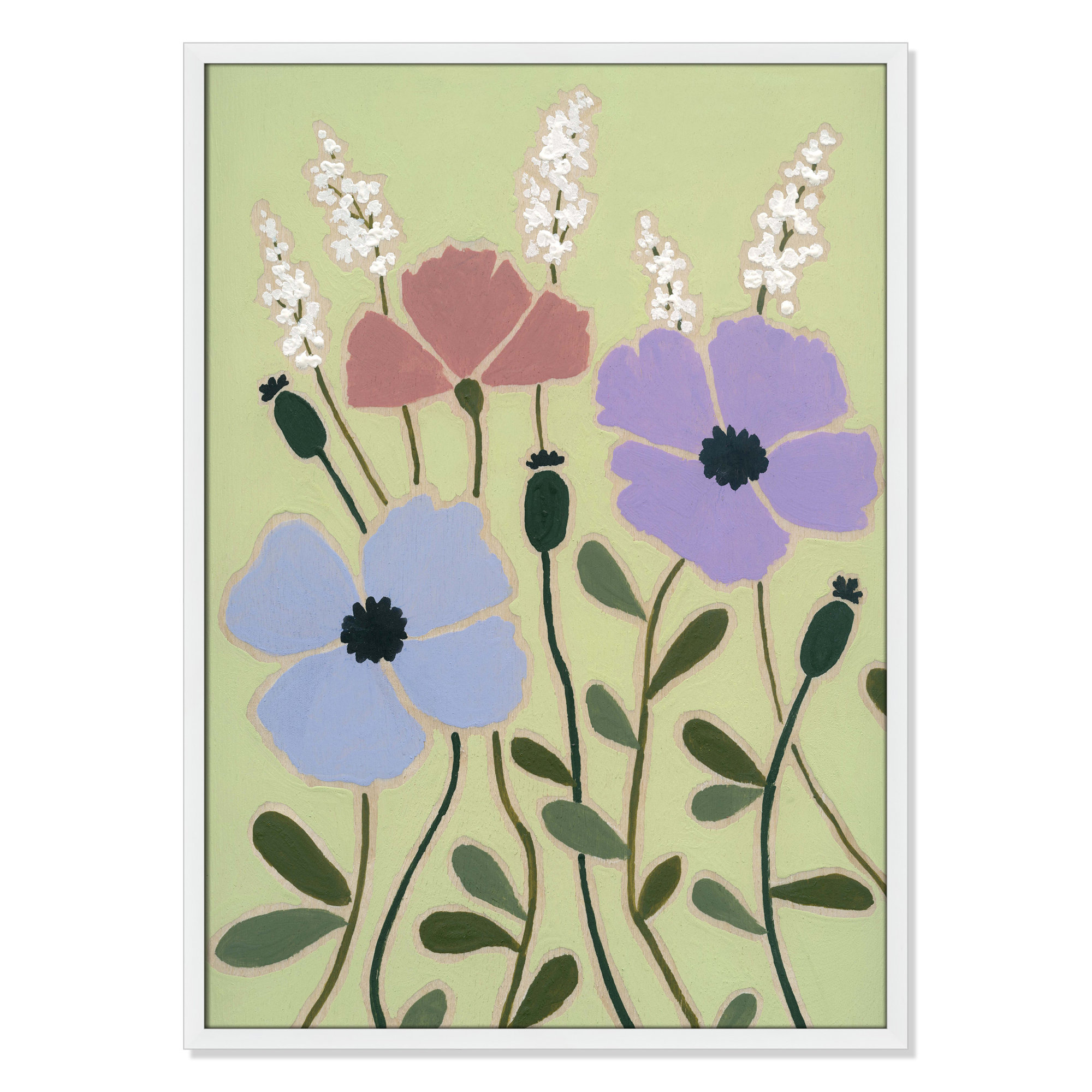 Woodblock Floral III by - Single Picture Frame Print, Satin White Framed, 35.5" H x 25.5" W x 1.25" D