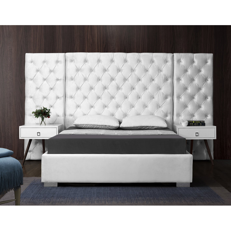 Lit plateforme capitonné, Grand, Velours blanc