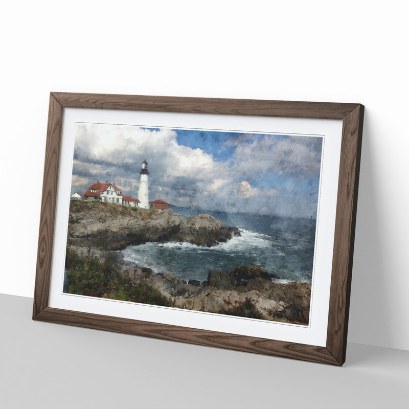 Lighthouse in Maine - Picture Frame Graphic Art, 27cm H x 36cm W x 2cm D, Walnut Framed