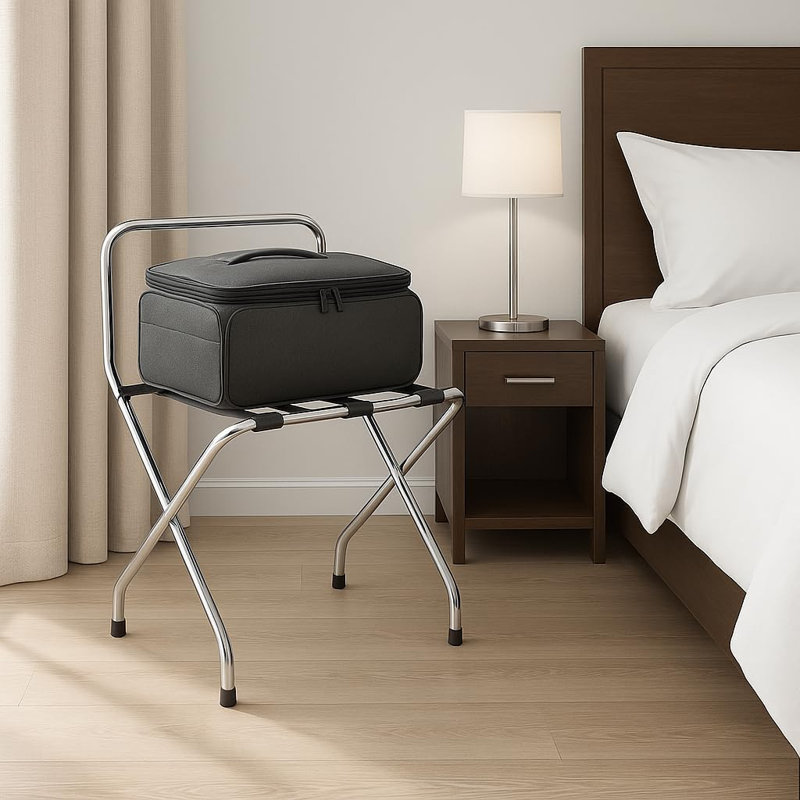 Luggage Rack-single Tier With High Back, Pack Of 1, Chrome, Self Assembly, Foldable Rack For Guest Room