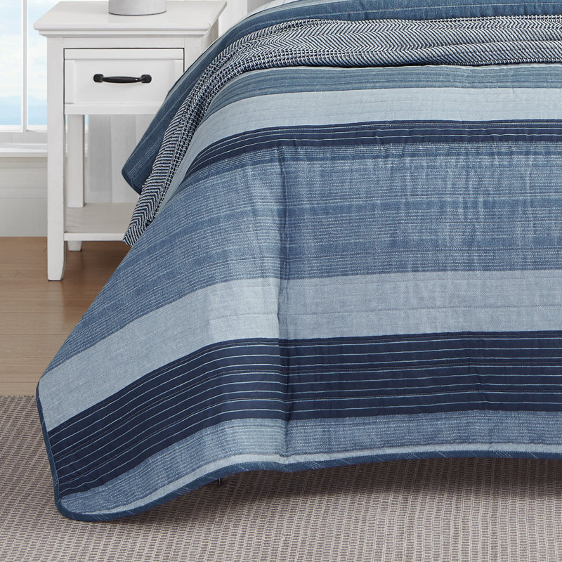 Coastal Stripe Twin Cotton Quilt Set with Reversible Design - Blue