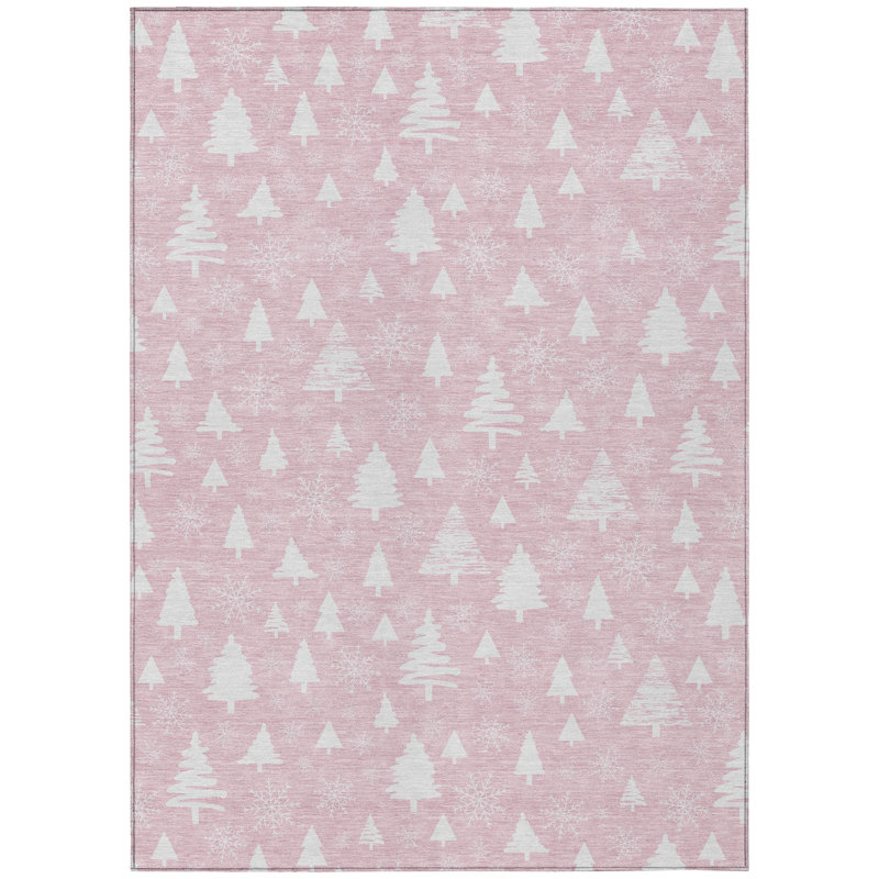 Machine Washable Indoor/Outdoor Christmas Tree Xhevrie Pink Rug, Rectangle 5' x 7'6"