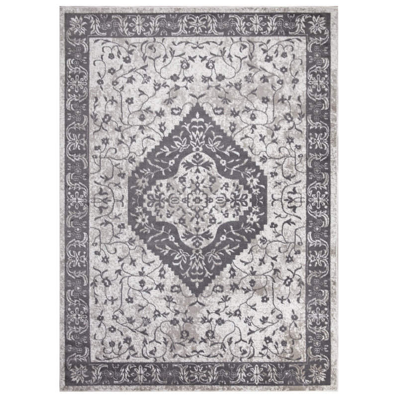 Perle Tristani ivoire / gris marocain sans patine ivoire Heriz / gris, Rectangle 5 pi 3 po x 7 pi 3 po