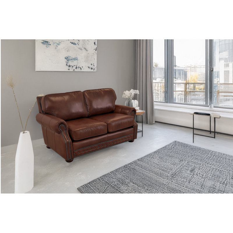 Speroni 74" Genuine Leather Rolled Arm Loveseat, Brompton Brown Genuine Leather