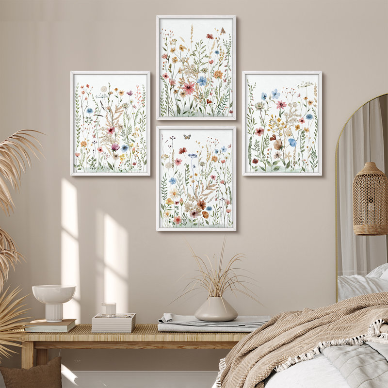 Ensemble de 4 reproductions d'art encadrées délicates fleurs sauvages pré, H 10 po x l 8 po, White