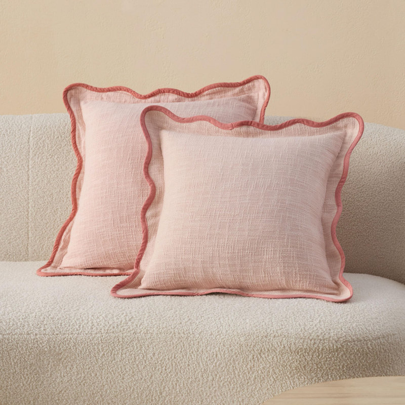 Double Stitch Cotton Decorative Scalloped Throw Pillow Covers,Square Cushion Case for Living Room Couch