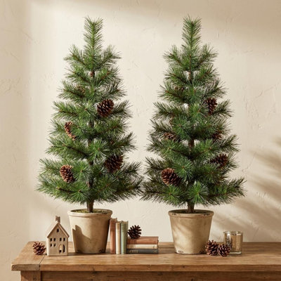 Set of Two 32" Mini Artificial Pine Trees With Pinecones In Rustic Brown Pots