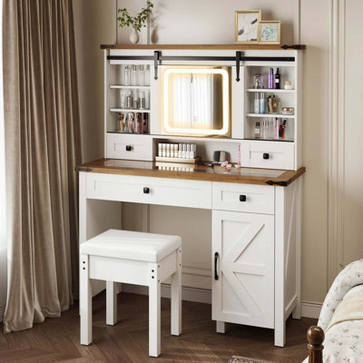 Farmhouse Vanity Desk With Sliding Mirror Makeup Vanity Table With 3 Lighting Modes by Gracie Oaks