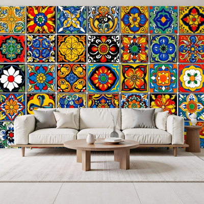 Peel and Stick Wallpaper Colorful Floral Tile Geometric Mediterranean Mosaic Design Wall Murals 69"H x 96"W Removable PVC Wall Paper Self-Adhesive Wall Decor for Bedroom Living Room Home Office