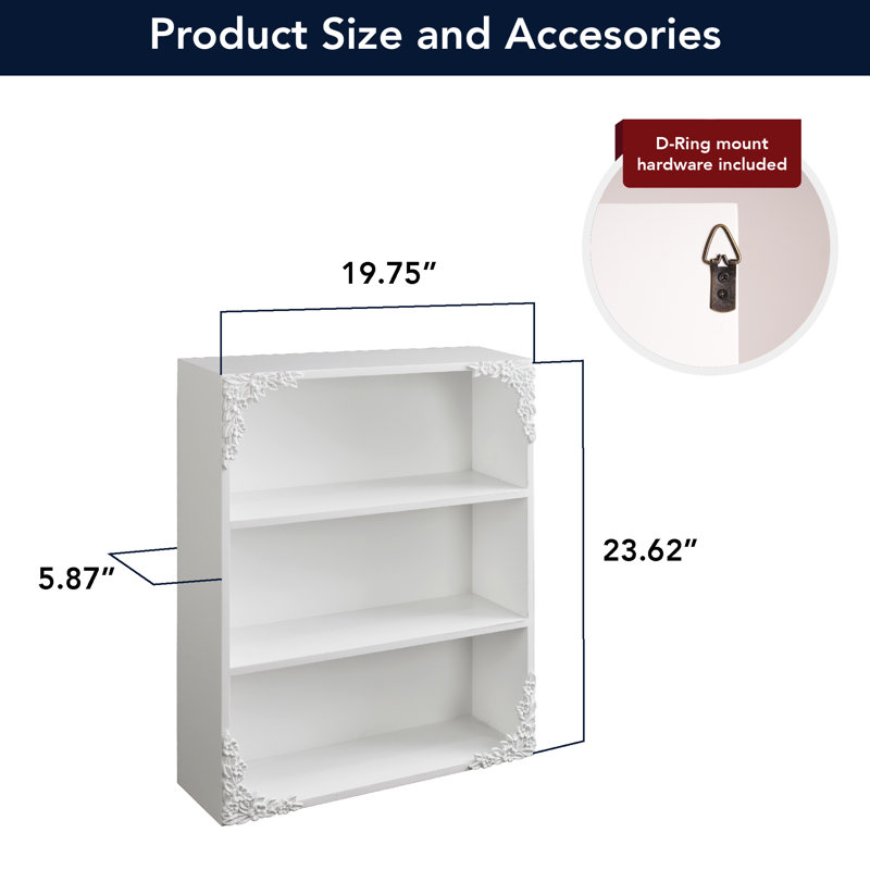 Ornate Floral 3‑Tier Decorative Vintage Wall Mounted Bookcase Shelf Storage Organizer , White