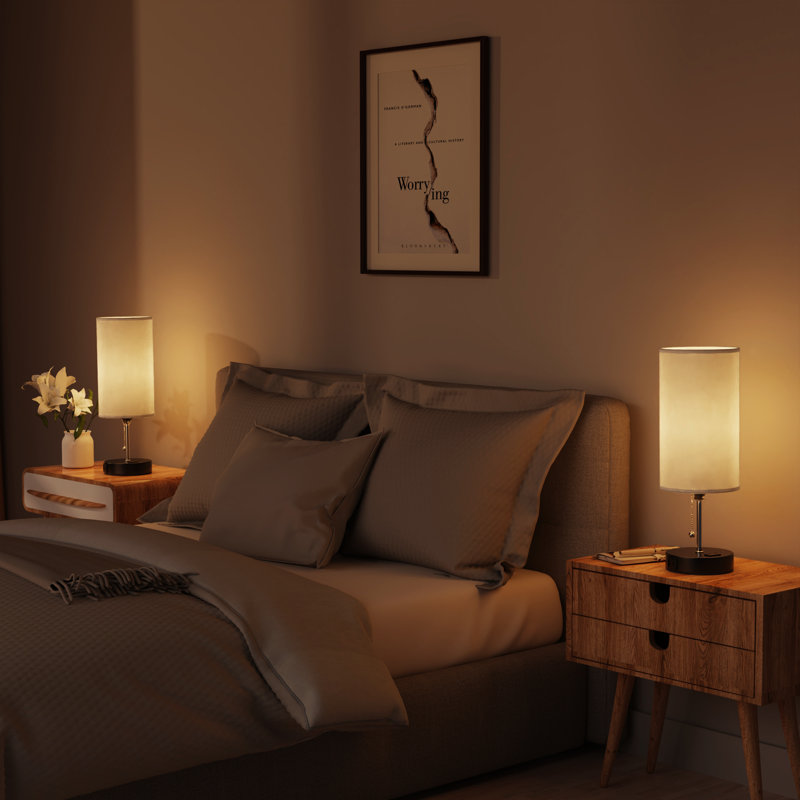 Table Lamp for Bedroom with AC Outlet and USB Ports,3 Color Tempreture Pull Chain Control 15" Grey Shade Bedside Lamp for Bedroom,Living Room,Bulbs Included
