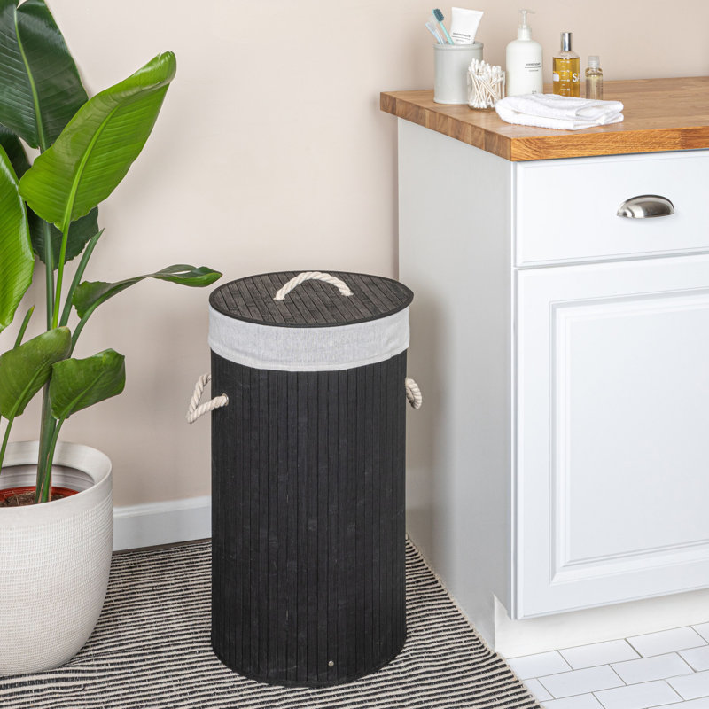Grove Bamboo Laundry Hamper with Rope Handles, Lid and Removable Machine Washable Laundry Bag, 15-Gallons, Black