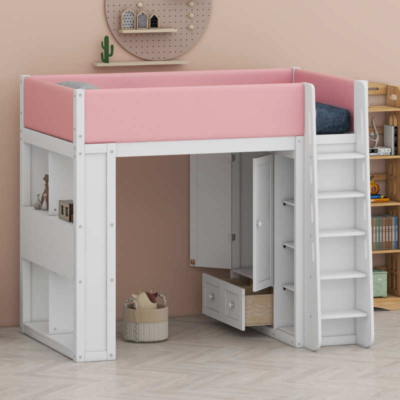 Lit mezzanine avec armoire intégrée, tiroirs et éclairage d'ambiance pour un montage facile, Lit double, Blanc