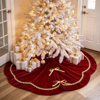 Jupe de sapin de Noël en velours de 122 cm avec bord festonné, jupe de sapin douce et luxueuse pour la décoration de sapin de Noël, décoration de Noël champêtre