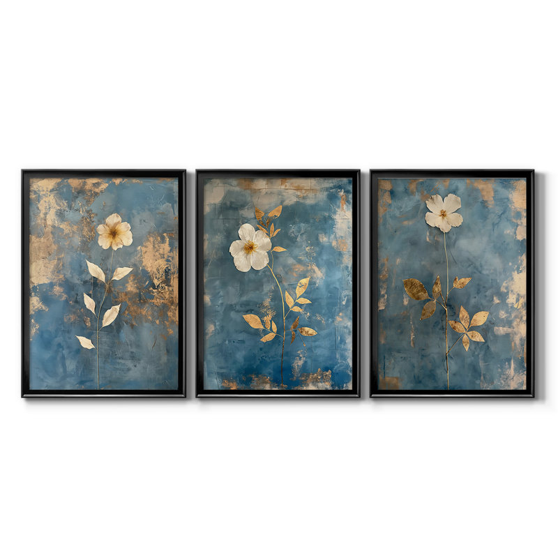 FLORAL Series XLVI - Toile tendue avec châssis sur mesure - 3 pièces, Noir, H 21 po x l 30 po