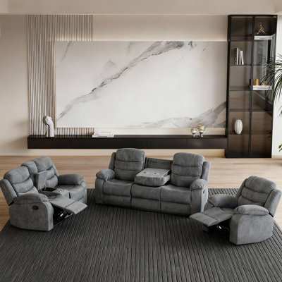 3-Piece Polyester Living Room Set — Manual Recliner & Manual Recline Loveseat With Console & Manual Recline Sofa With Drop - Down Table