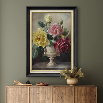 Jaune, rose et roses rouges - Peinture sur toile encadrée