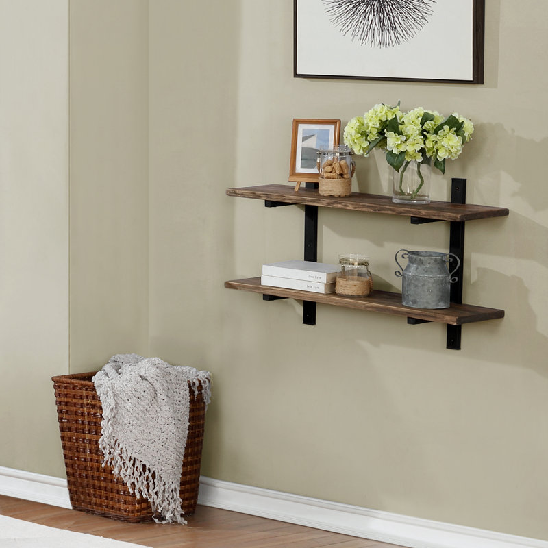 Rundell 36" Wide Rustic Industrial Solid Wood and Metal Frame Wall Mounted Tiered Shelf With Storage