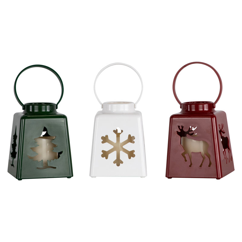 LED Lighted Tree Snowflake And Reindeer Christmas Candle Lanterns - 8" - Set Of 3