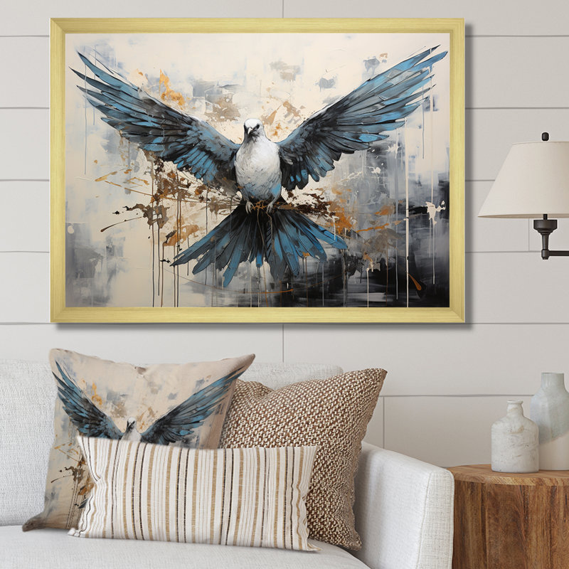 Minimalisme bleu colombe - salon d'art mural colombe, Cadre flottant blanc, H 30 po x l 40 po x P 1,5 po