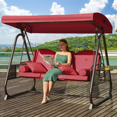 Arlmont & Co. 3-Seat Patio Porch Swing With Adjustable Canopy - Outdoor Swing Featuring Three-Position Backrest, Large Convertible 3-In-1 Swing Bed, Thickened Cushions, Pillows, And Cup Holders - Ideal For Porch, Backyard, Garden