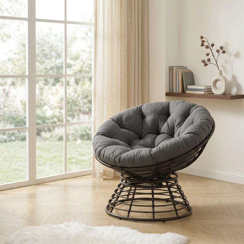 Fauteuil Papasan pivotant à 360 ° confortable, structure robuste en rotin avec coussin moelleux, Gris