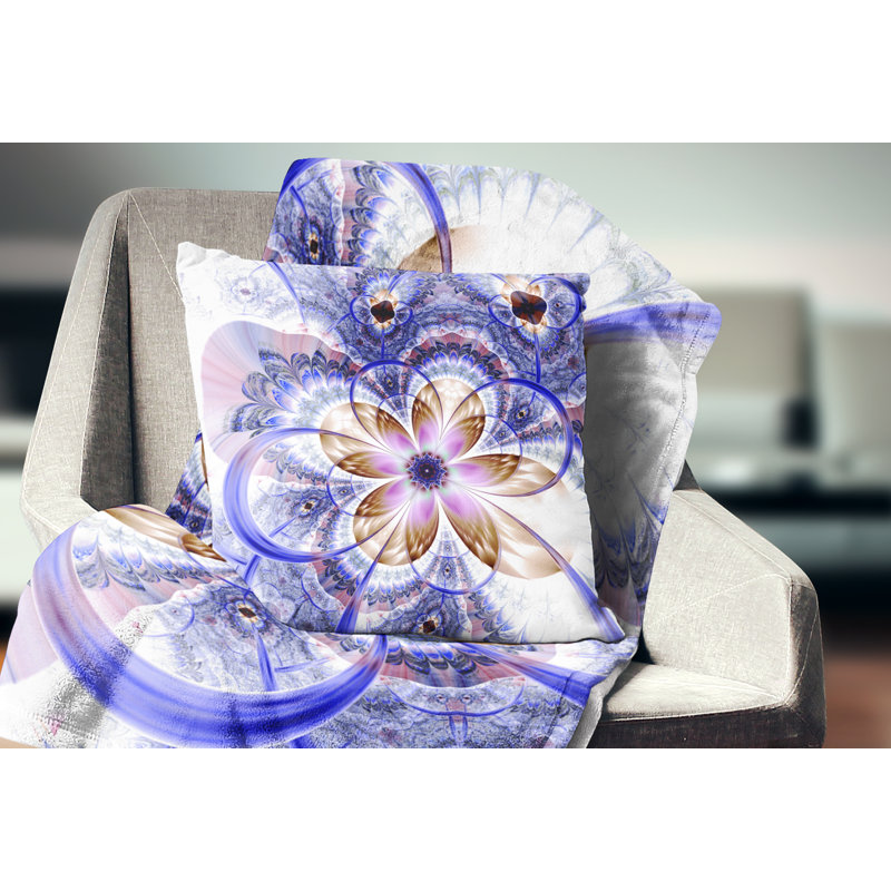 Coussin imprimé floral bleu avec fleurs fractales claires, 16 po x 1 po, Coussin décoratif