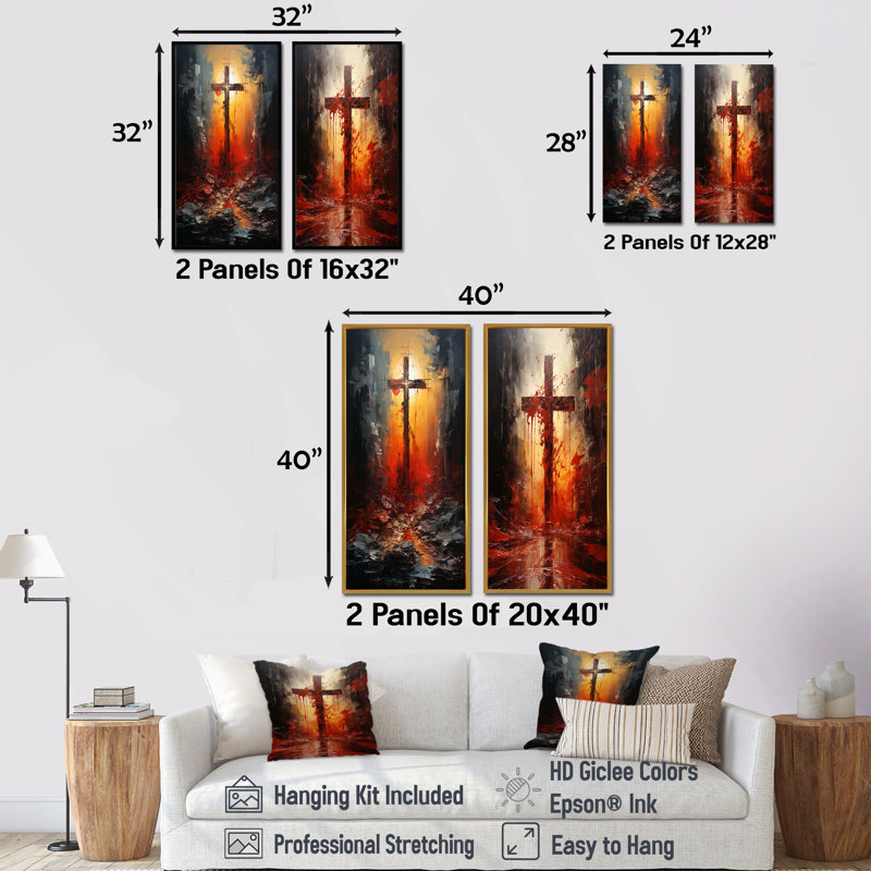 Croix au calvaire sang rouge collage - ensemble de 2 reproductions d'art mural Christianisme, Cadre flottant brun