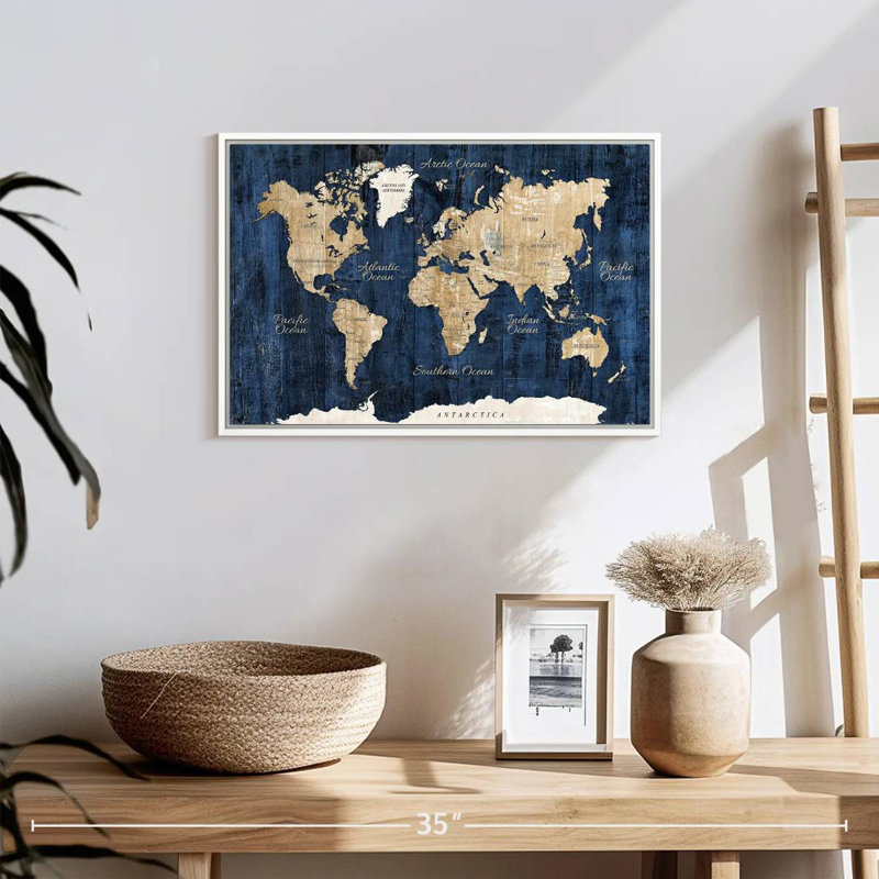 Carte du monde en bois texturé, 19 po x 13 po, Cadre flottant blanc
