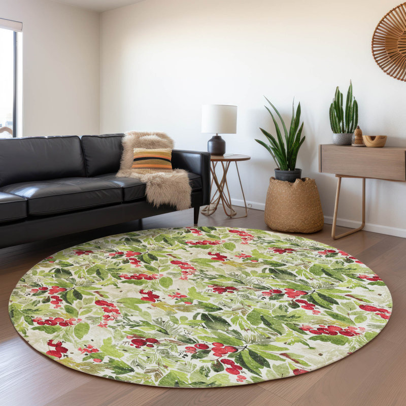 Tapis intérieur / extérieur cerise de Noël lavable à la machine Xhevrie Aloe, Rond 8 pi