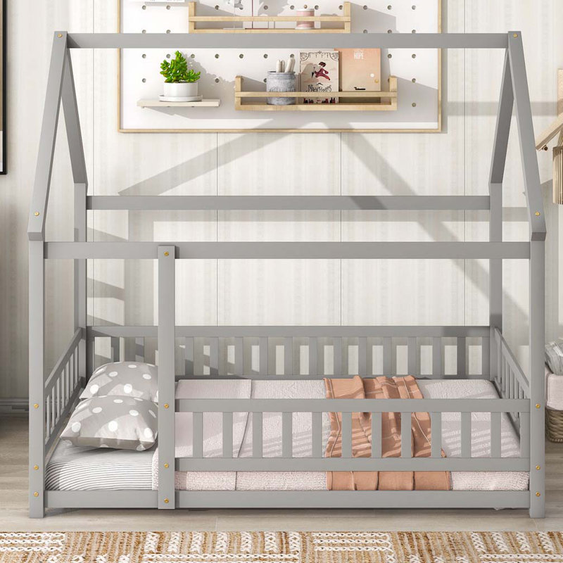 Lit en bois 60 "avec cadre de toit de maison, gris