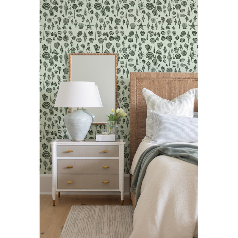 Lowcountry Love Shells Marsh Breeze Wallpaper by Megan Molten, Green, Faux Grasscloth