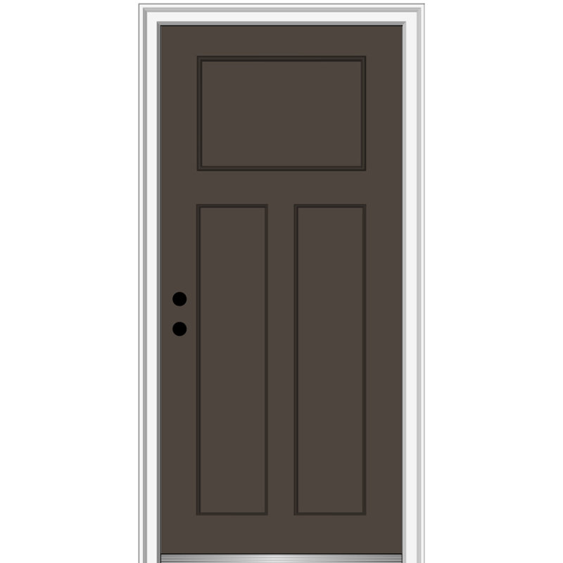 Porte d'entrée pré-suspendue en fibre de verre 3 panneaux Craftsman Shaker, H 80 po x l 36 po x P 1,75 po, Brun, Main droite