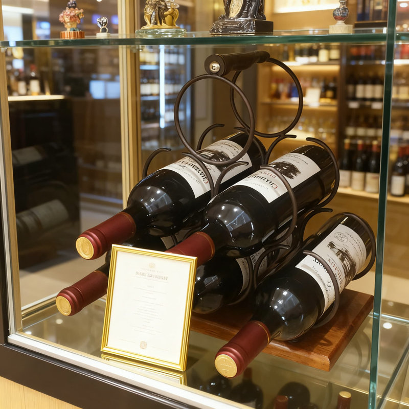 Support à vin de comptoir pour 6 bouteilles, support à vin de table à 3 niveaux avec poignée robuste, conception en bois rustique et en métal pour un assemblage facile et un rangement peu encombrant