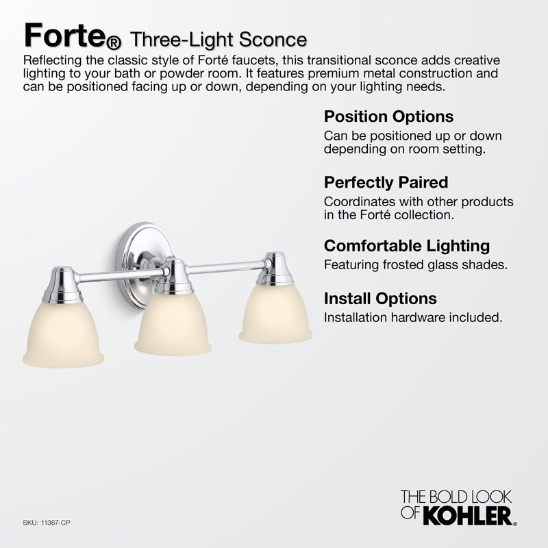 Forte 3 Light Indoor Bathroom Vanity Light Fixture, Position Facing Up or Down, UL Listed