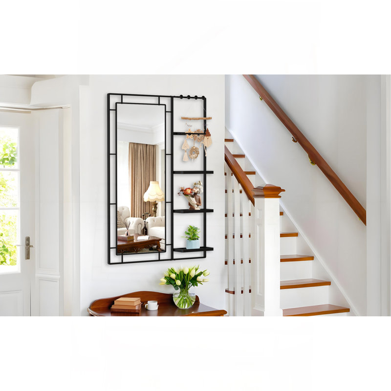 Modern Vanity Mirror With Multi-Functional Shelf, Large Bathroom Mirror, Black Frame Decoration Mirror, Suitable For Bathroom, Living Room, Bedroom