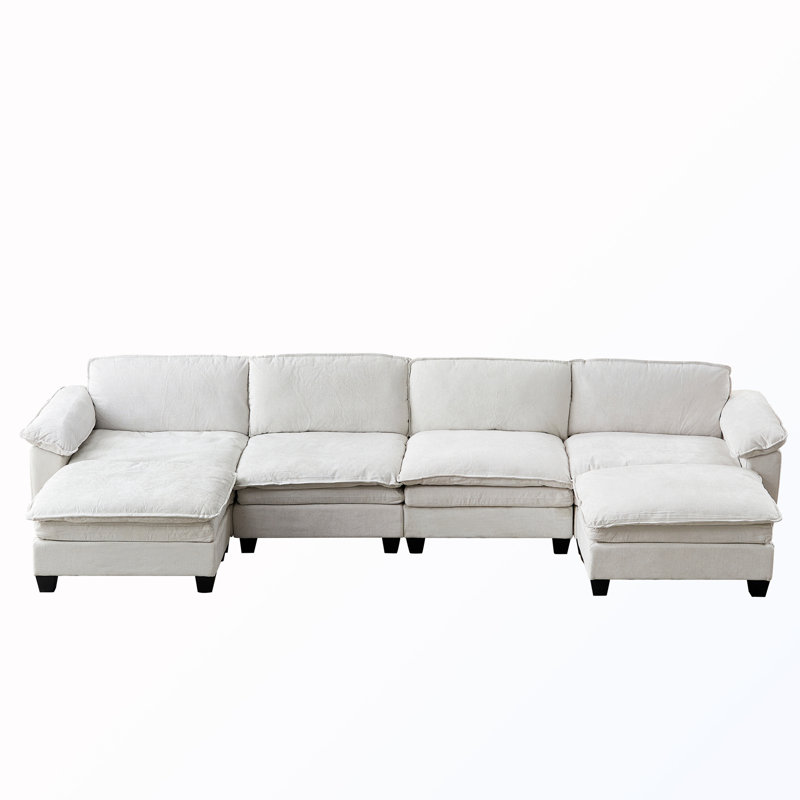 4-Seat Sectional Sofa With 2 Ottomans, Beige Chenille
