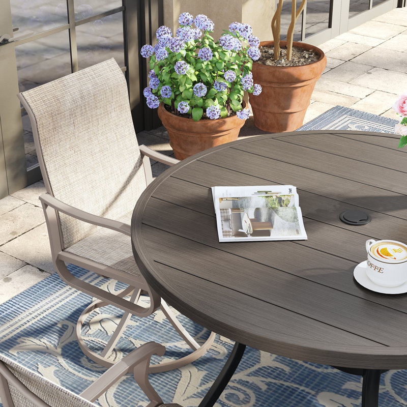 4-Person Round Patio Dining Set With Swivel Textilene Chairs, Brush Wood Gray/Black/Sandshell