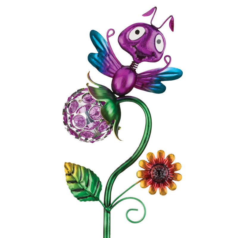 Piquet de jardin à énergie solaire 22 pouces en métal et acrylique avec lumières DEL intégrées, Libellule