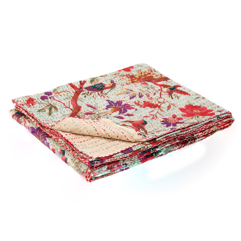 50" x 70" Pink and Ivory Kantha Cotton Floral Embroidered Throw Blanket