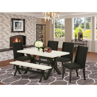 6 Piece Dining Table Set Contains a Rectangle Kitchen Table with X-Legs and 4 Black Linen Fabric Upholstered Chairs with a Bench, Wire brushed Black