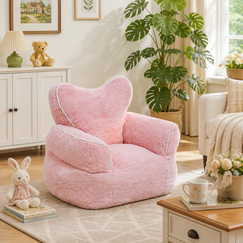 Fauteuil à billes en fausse fourrure pour enfants, fauteuil confortable en forme de cœur