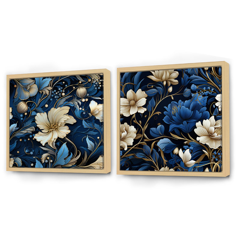 Motif victorien cobalt bleu nouveau style victorien, Cadre flottant brun, H 30 po x l 61 po