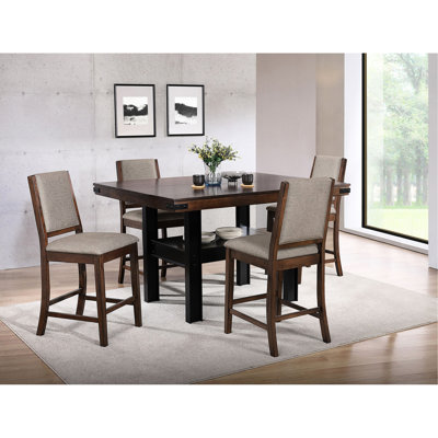 Table de salle à manger à hauteur de comptoir transitionnelle, table rectangulaire en chêne manguier, chaises rembourrées grises, table à manger à finition manguier fixe, partie arrière beige uni