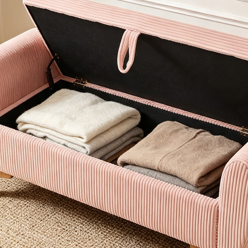 Banc de rangement en velours côtelé 57 po avec pieds en bois massif, Rose
